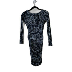 BCBG Black White Rusched Dress Bodycon XS Women Sexy Midi Work Modest